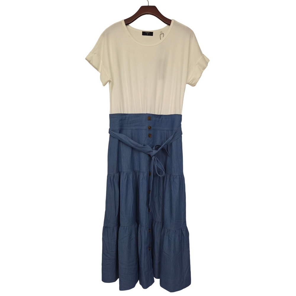 Tahari‎ Mixed Media Tiered Midi Dress Womens Medium White Blue NWT $138